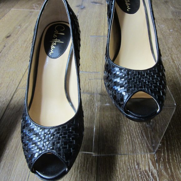 Cole Haan Shoes - Cole Haan Black Leather Woven Peep-Toe Heels